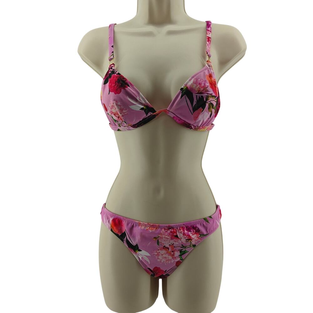 Victoria Secret Violet Peach Flora ltsy Ruched Back Swimsuit Bikini Set Medium